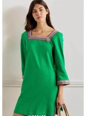 💚Boden Emerald Green Multicolor Embroidered Jersey 3/4 Sleeve Tunic Dress 6💚